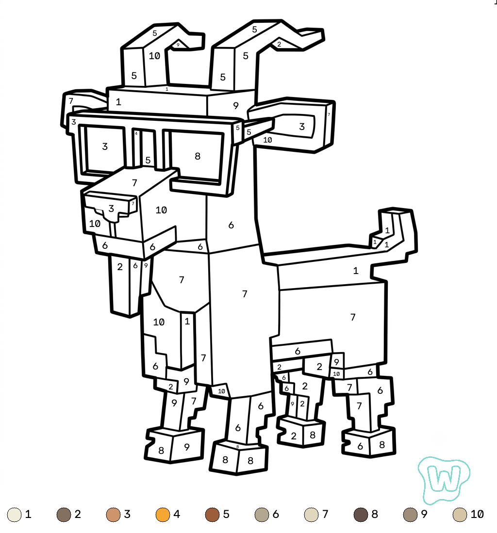 Goat Minecraft coloring by numbers páginas para colorear pdf