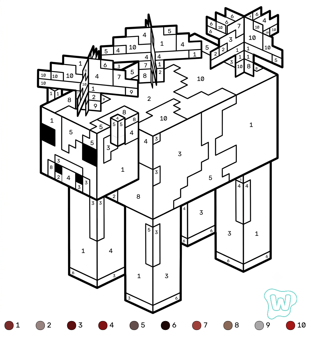 Mooshroom Minecraft coloring by numbers PDF gratis