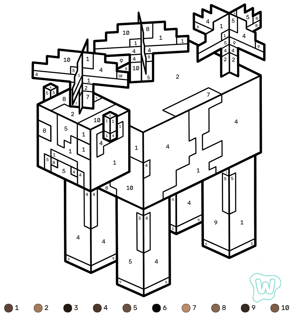 páginas para colorear lindas y fáciles de Mooshroom Minecraft coloring by numbers