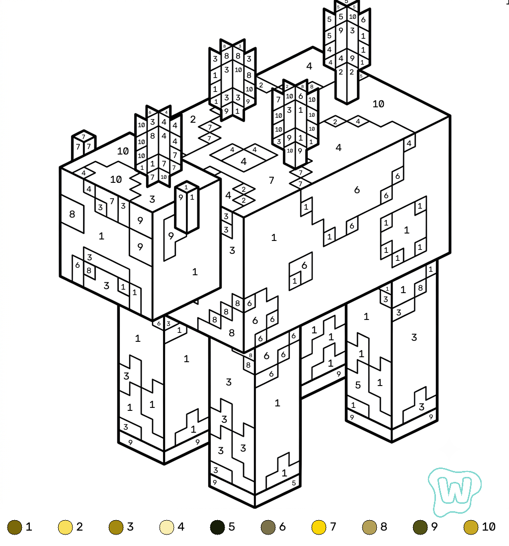 páginas para colorear imprimibles Mooshroom Minecraft coloring by numbers