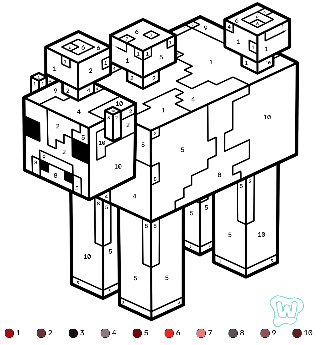 páginas para colorear para Mooshroom Minecraft coloring by numbers