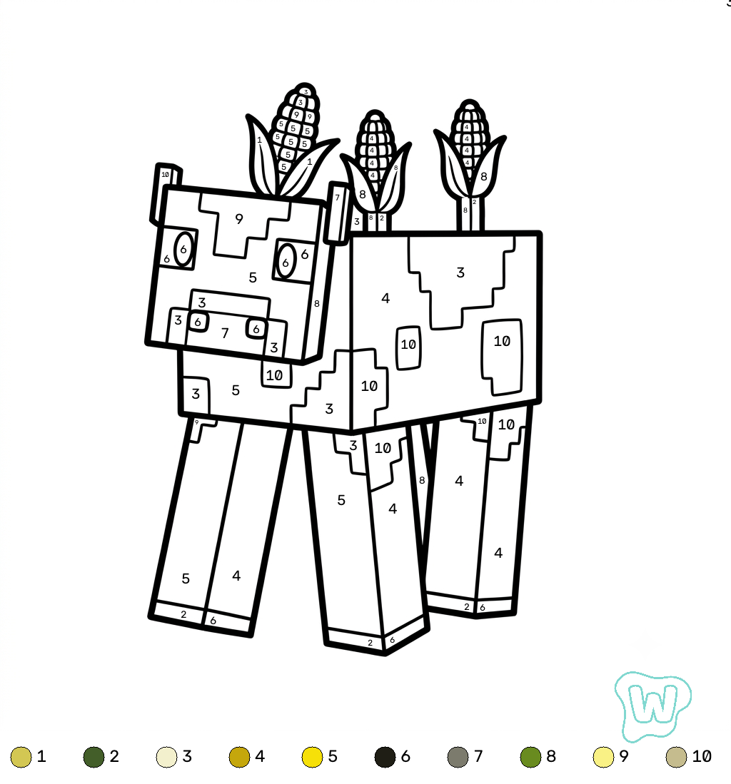 para colorear Mooshroom Minecraft coloring by numbers