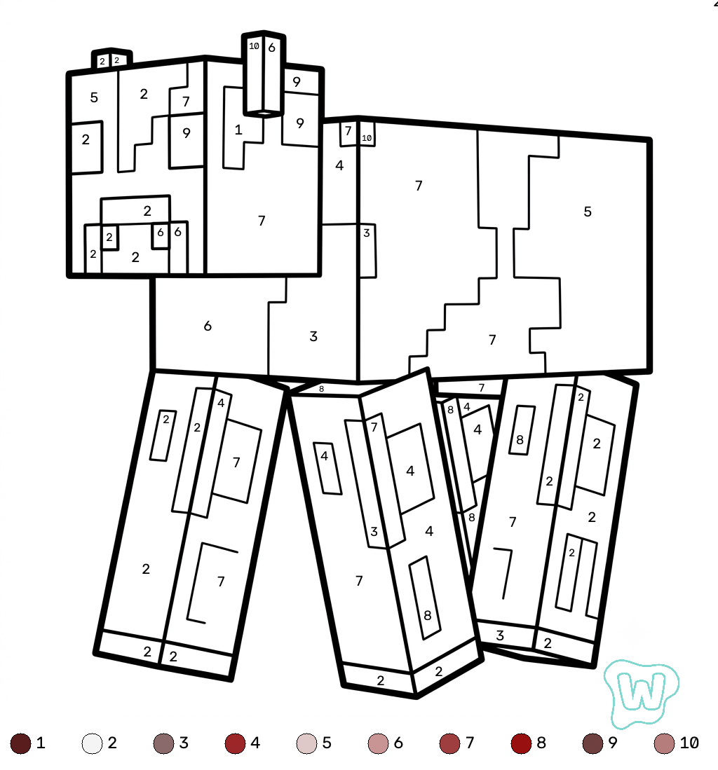 niños Mooshroom Minecraft coloring by numbers páginas para colorear