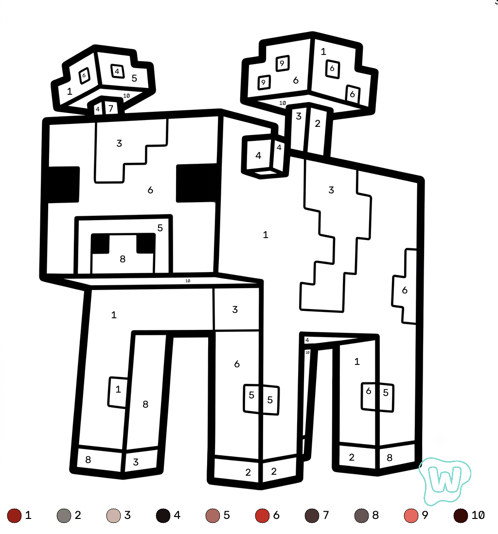 Mooshroom Minecraft coloring by numbers colorear y Imprimir PDF gratis
