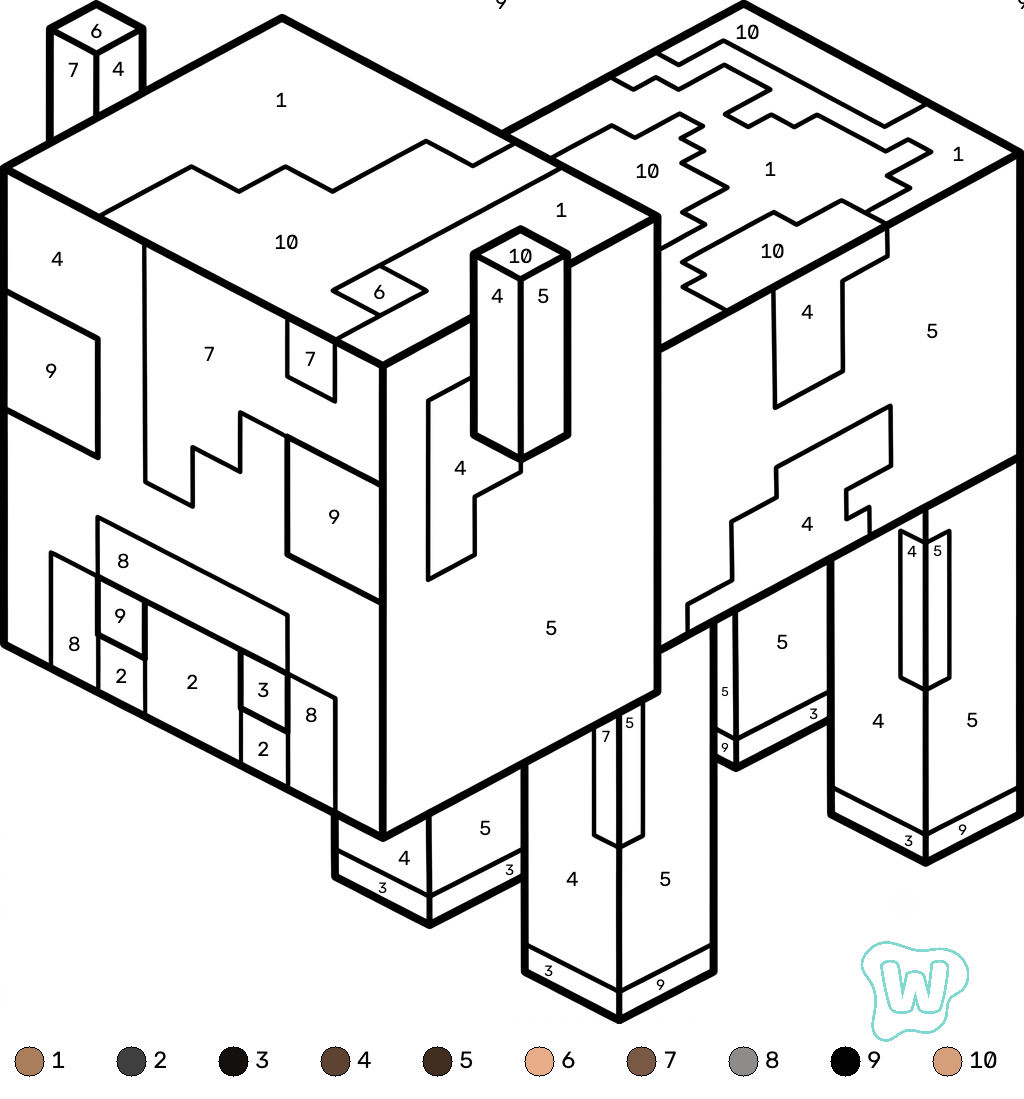 Mooshroom Minecraft coloring by numbers páginas para colorear gratis
