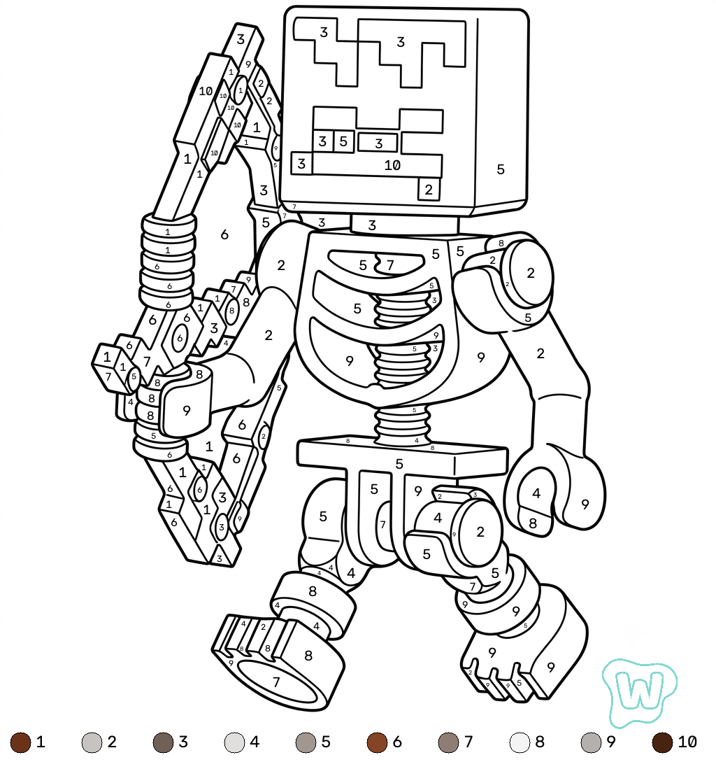 páginas para colorear imprimibles Mossy Skeleton Minecraft coloring by numbers