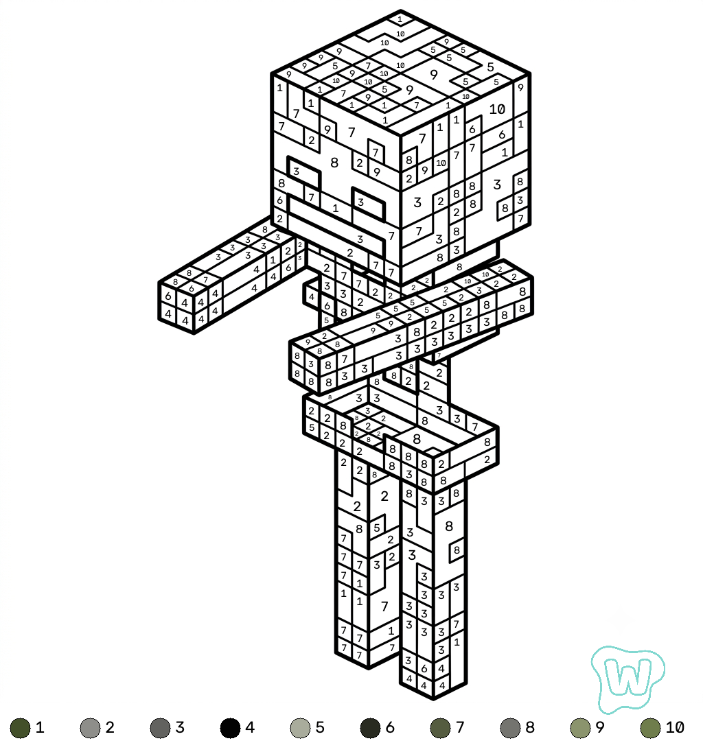Mossy Skeleton Minecraft coloring by numbers para colorear gratis
