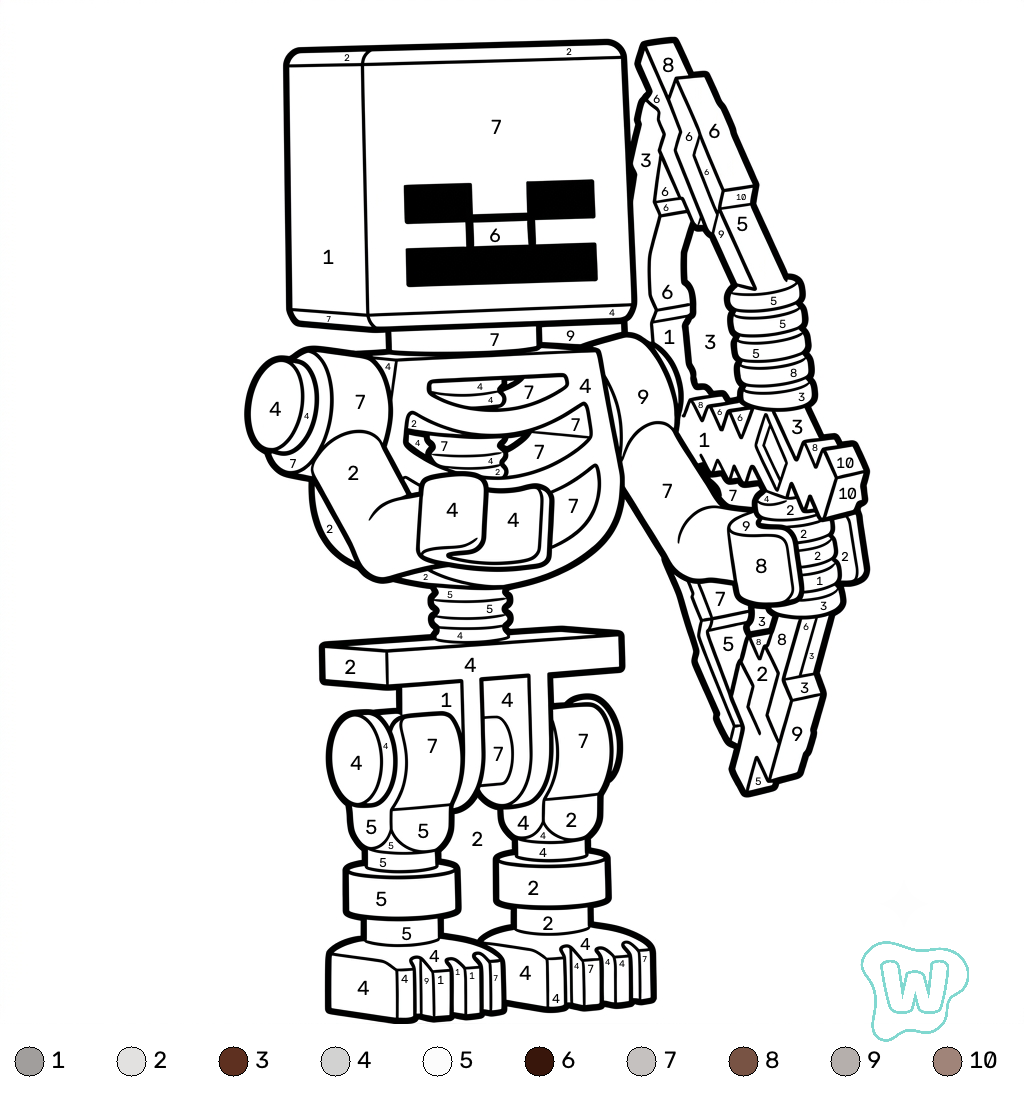 niños Mossy Skeleton Minecraft coloring by numbers páginas para colorear