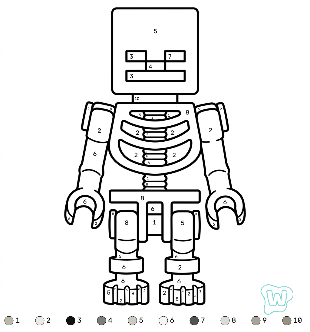 Mossy Skeleton Minecraft coloring by numbers páginas para colorear para imprimir gratis