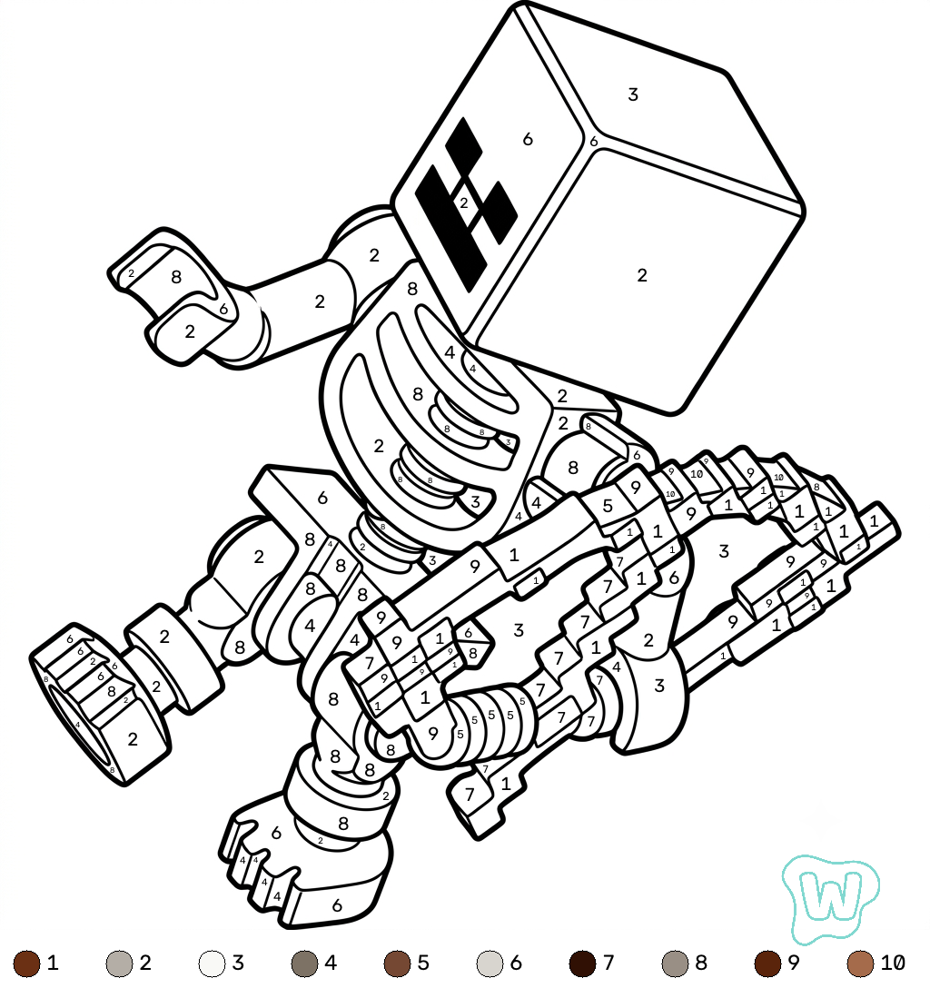 colorear y Imprimir PDF Mossy Skeleton Minecraft coloring by numbers