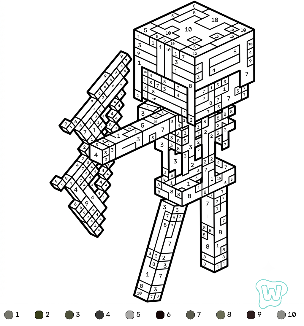 páginas para colorear gratis para adultos Mossy Skeleton Minecraft coloring by numbers