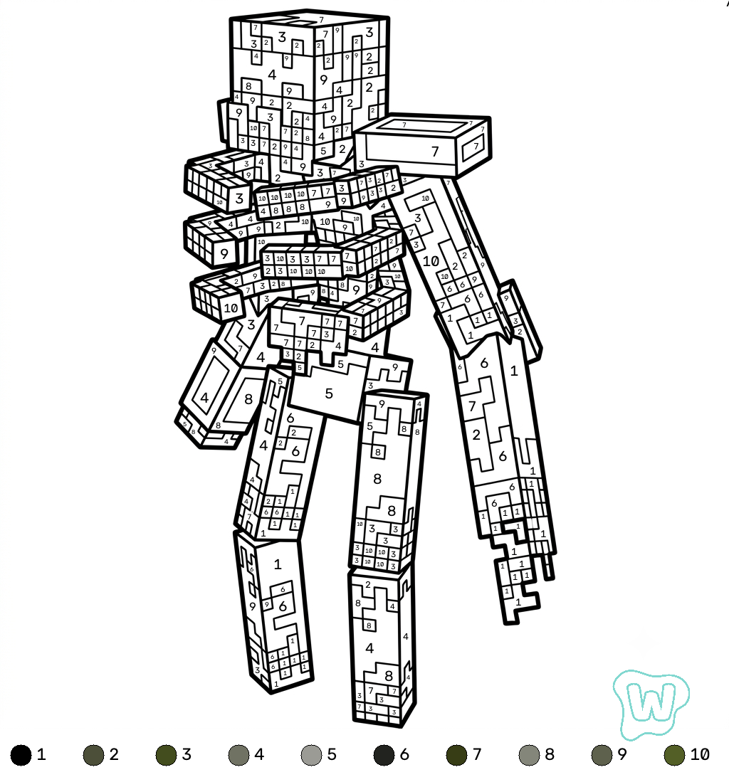 páginas para colorear detalladas de Mossy Skeleton Minecraft coloring by numbers para adultos