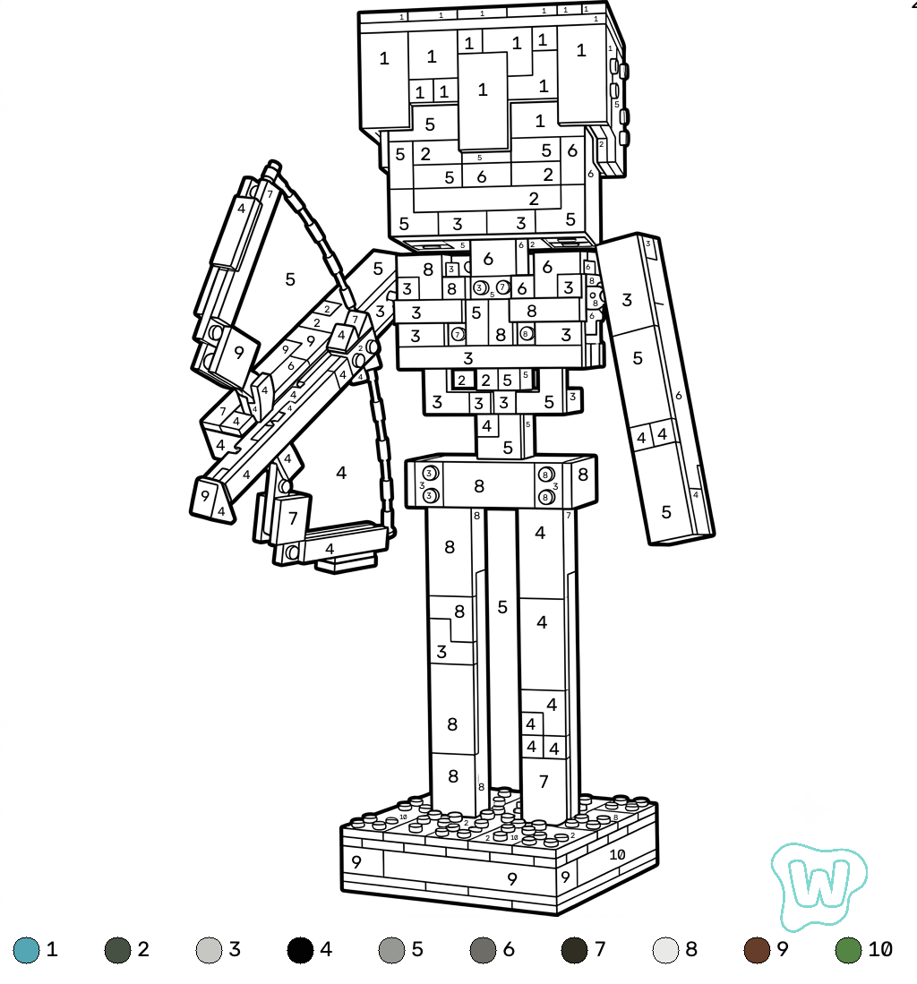 páginas para colorear para adultos Mossy Skeleton Minecraft coloring by numbers