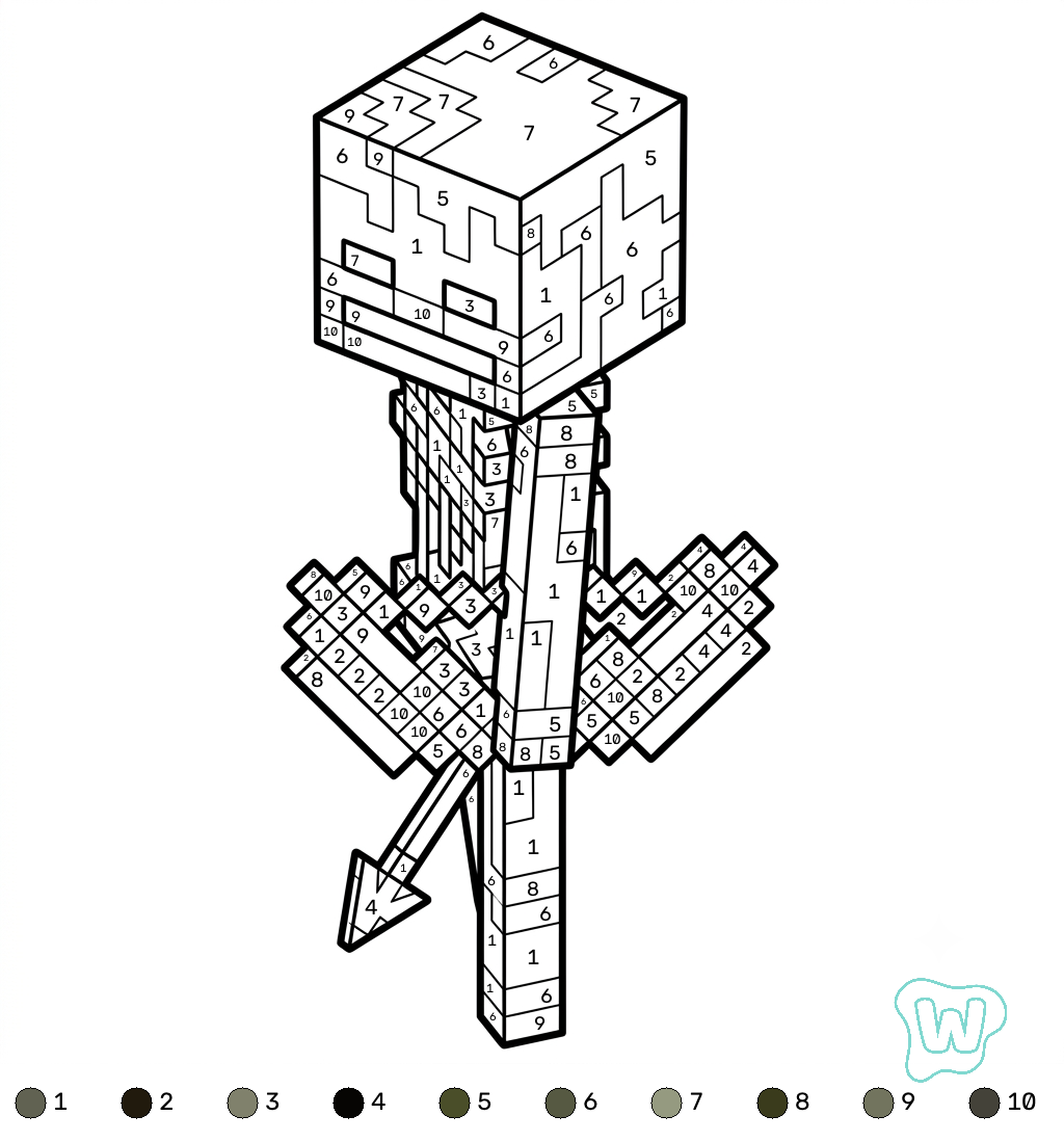 Mossy Skeleton Minecraft coloring by numbers páginas para colorear gratis