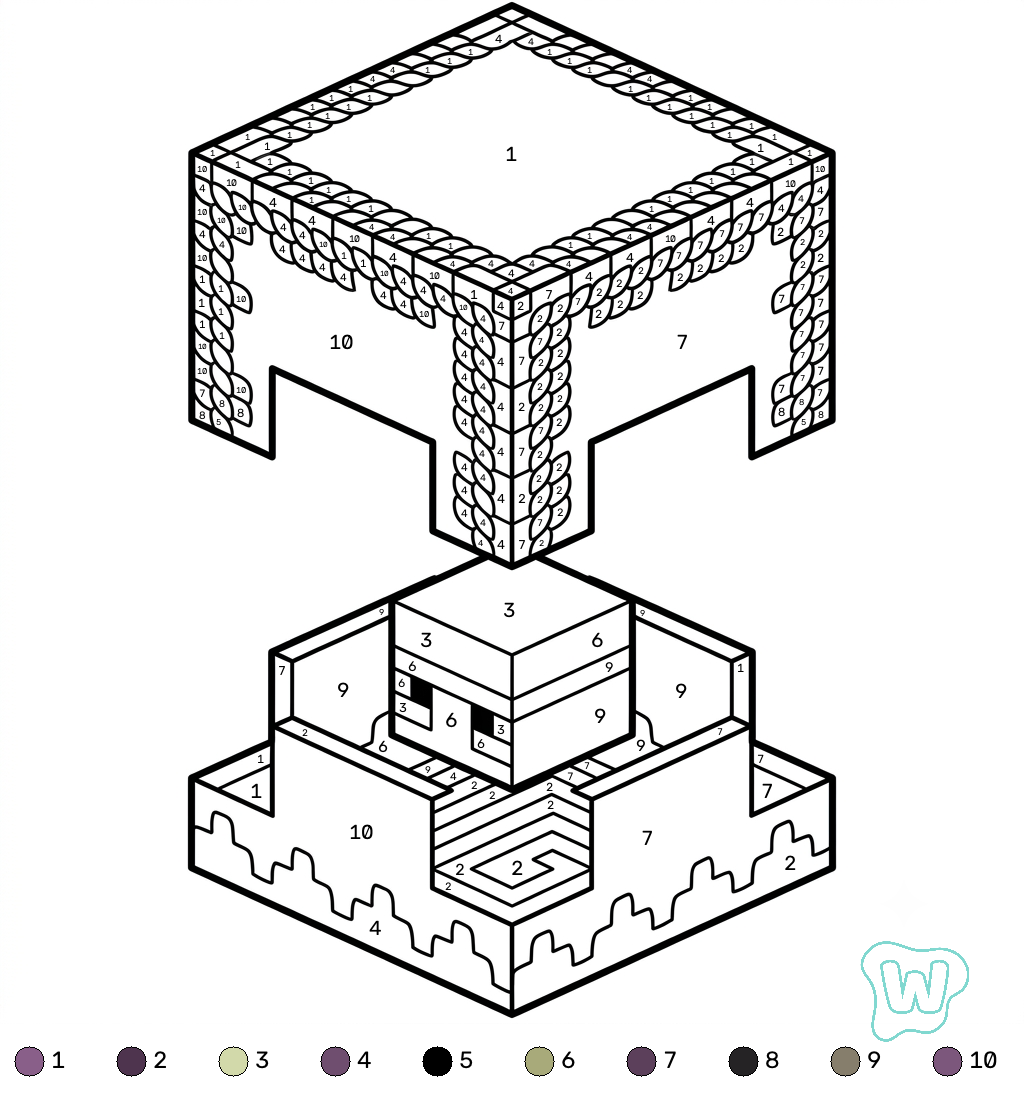 Shulker Minecraft coloring by numbers páginas para colorear imprimibles