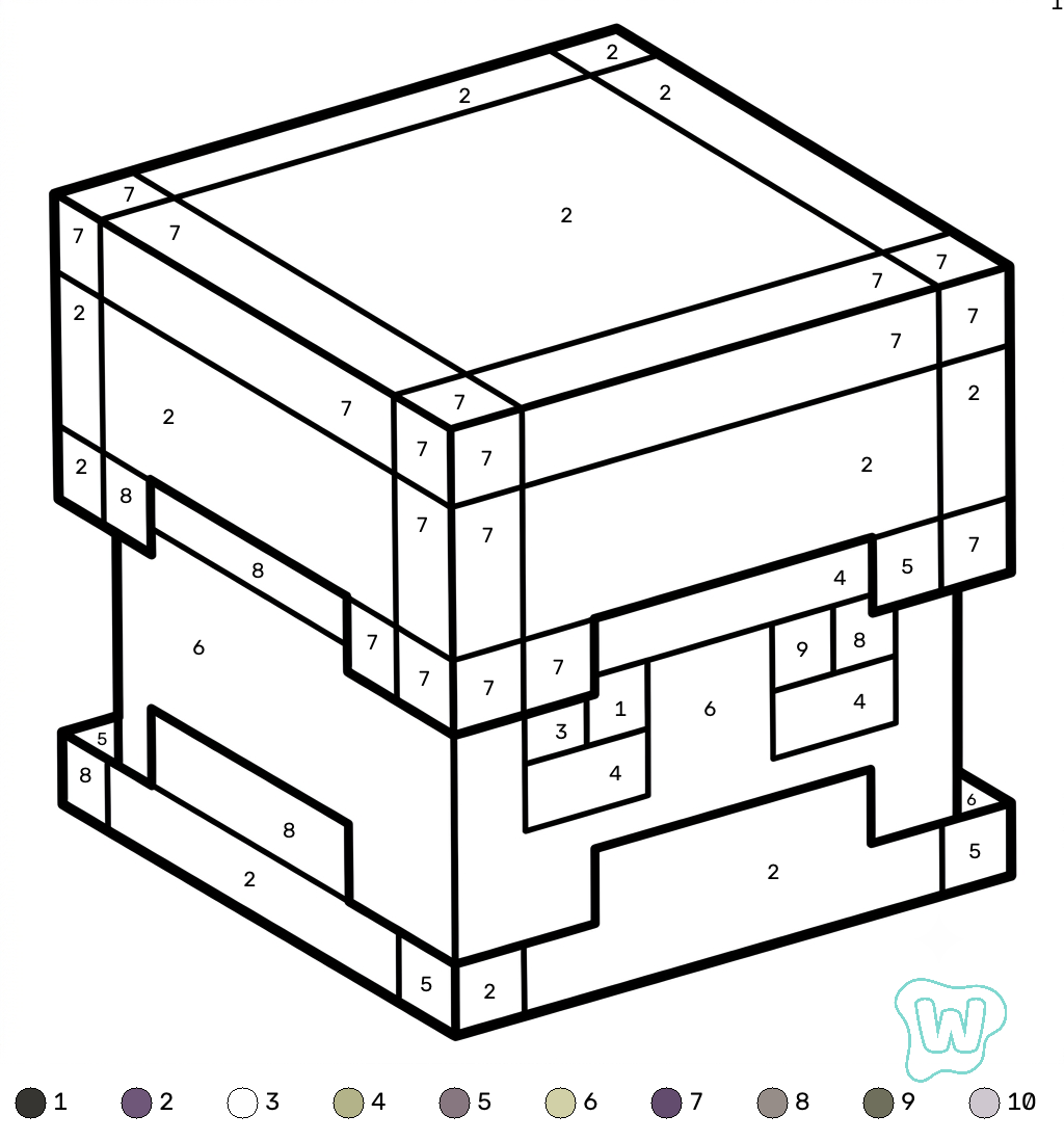 Shulker Minecraft coloring by numbers páginas para colorear