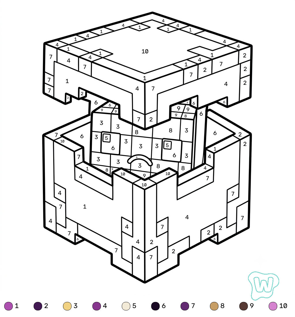 Shulker Minecraft coloring by numbers páginas para colorear para adultos