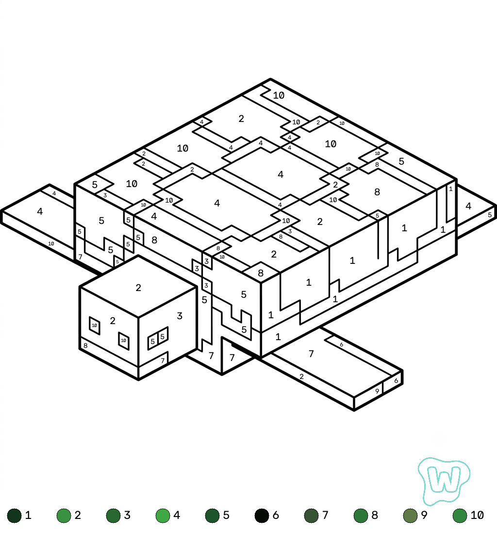páginas para colorear imprimibles Turtle Minecraft coloring by numbers