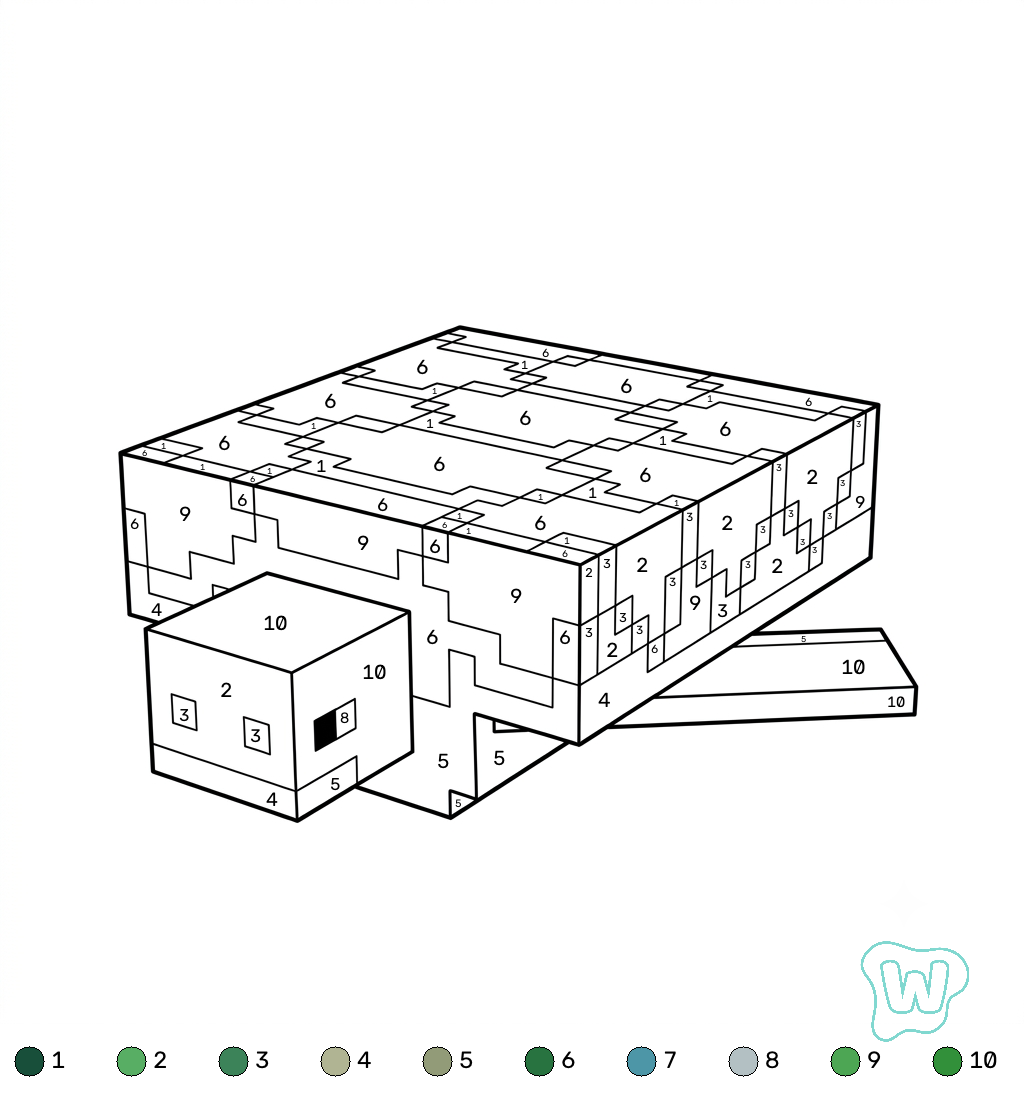 páginas para colorear imprimibles gratis Turtle Minecraft coloring by numbers