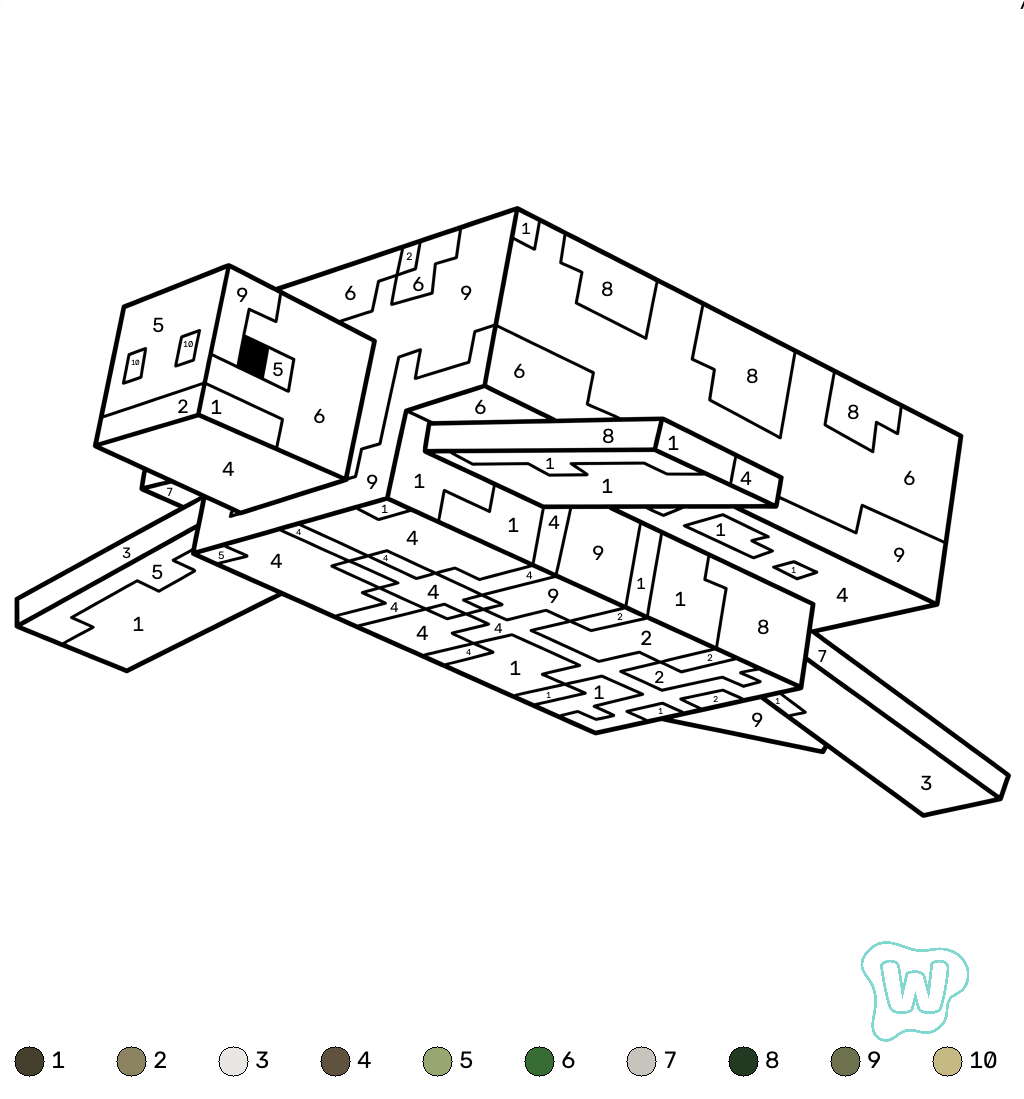Turtle Minecraft coloring by numbers páginas para colorear para imprimir