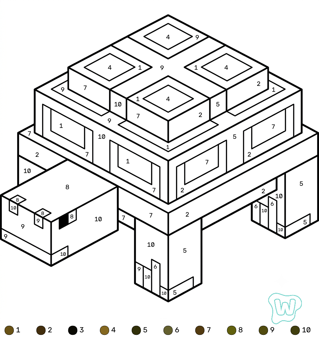 Turtle Minecraft coloring by numbers páginas para colorear para adultos 1
