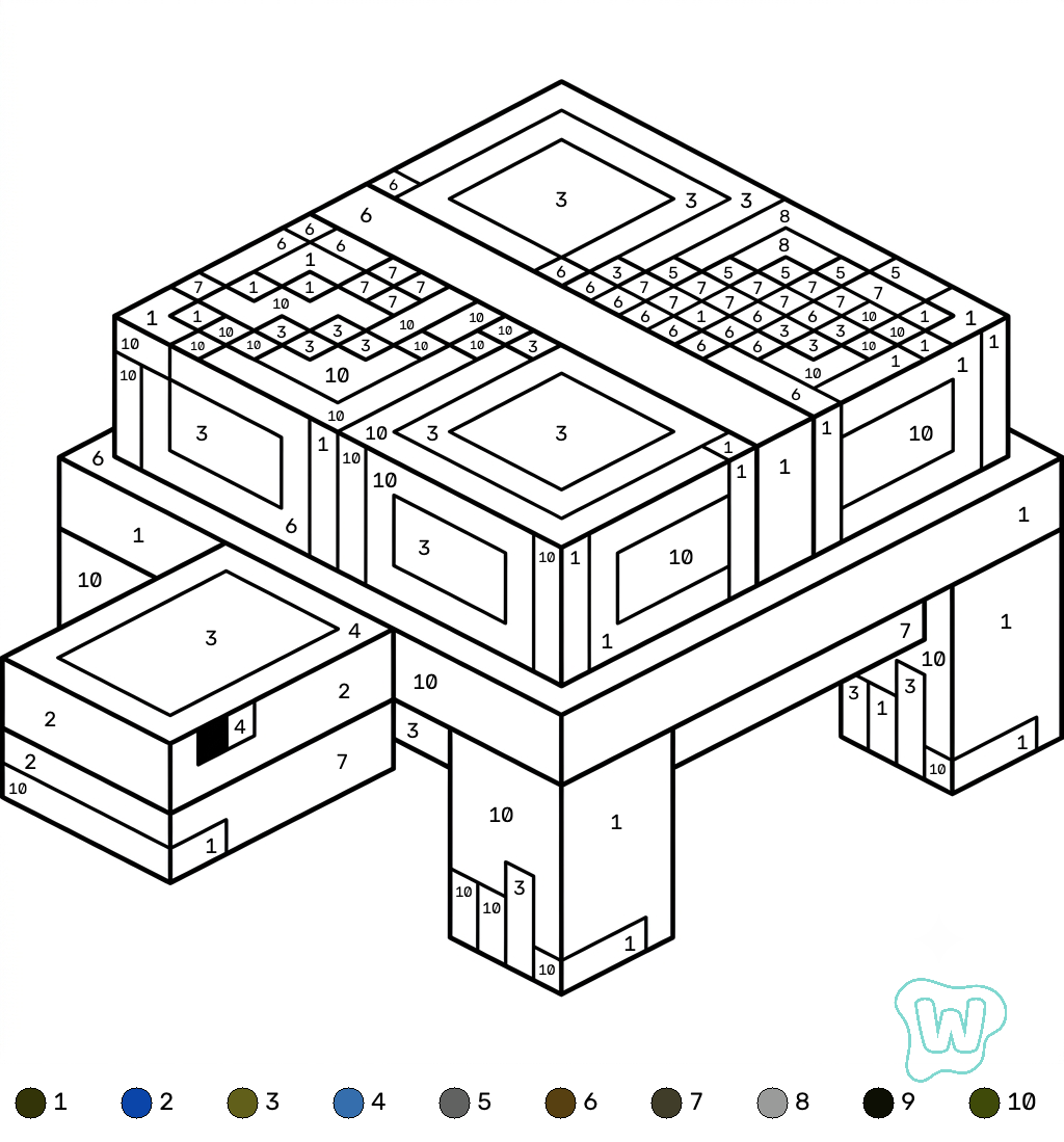 páginas para colorear detalladas de Turtle Minecraft coloring by numbers