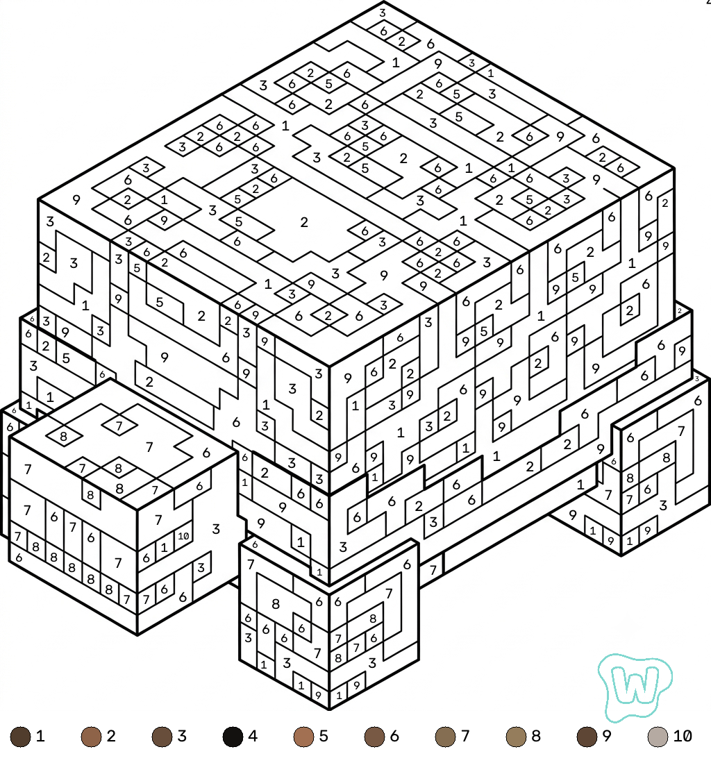 páginas para colorear gratis Turtle Minecraft coloring by numbers para adultos