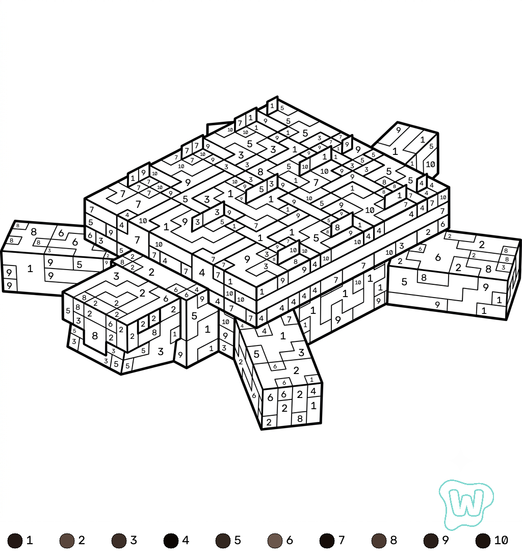 imprimir PDF gratis Turtle Minecraft coloring by numbers